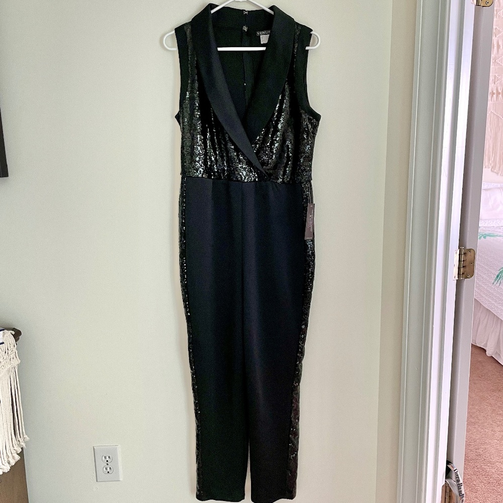 Women's Venus Formal Black with Black Sequence Pant Suit, V-Neck Size Large